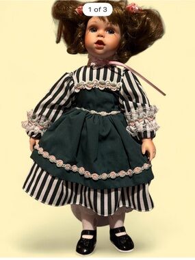 Porcelain Display Doll in Green and Black-White Stripes